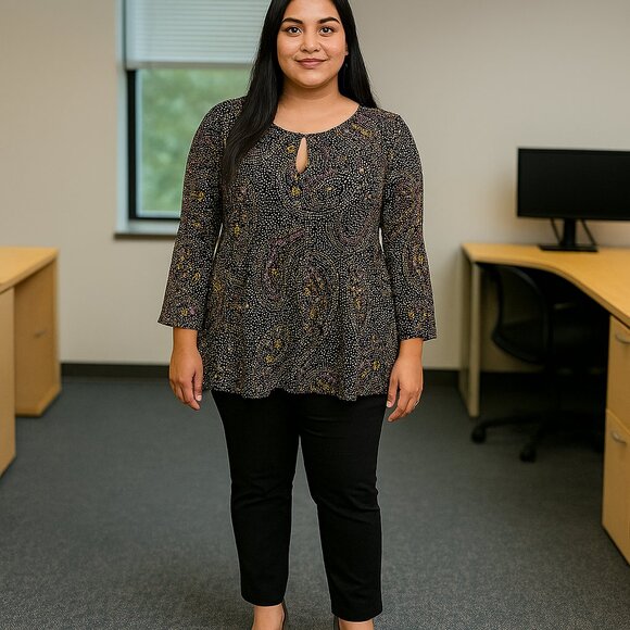 Ninety Brown Paisley Pleated Blouse with Bell Sleeve Size M - Boho Flowy - Picture 10 of 10